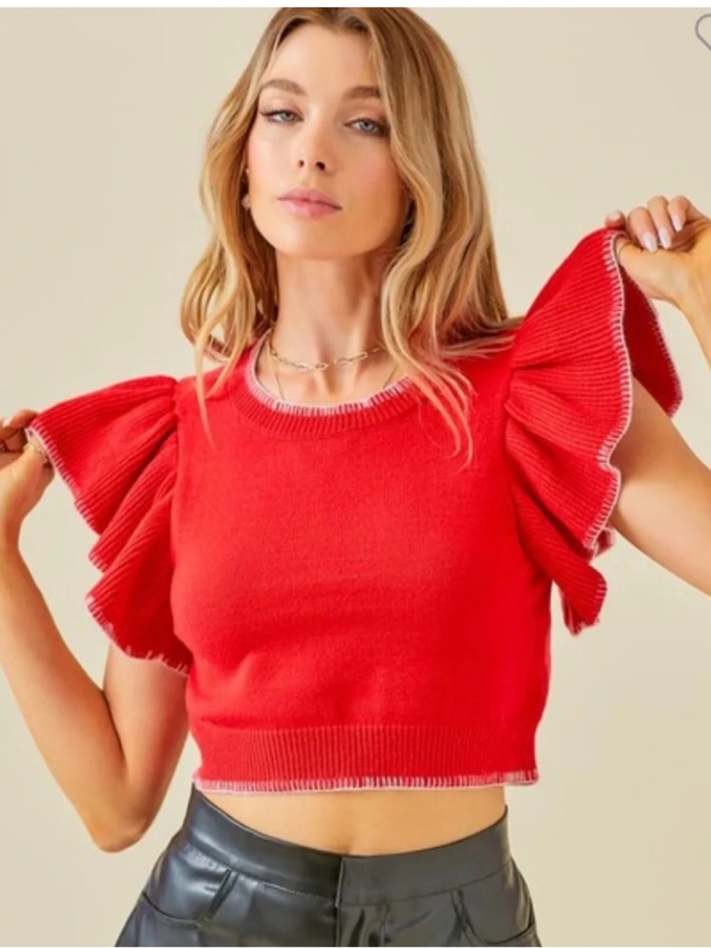 Day + Moon Red Ruffle Sleeve Knit Crop Top NWT Size Small | Whipstitch Trim